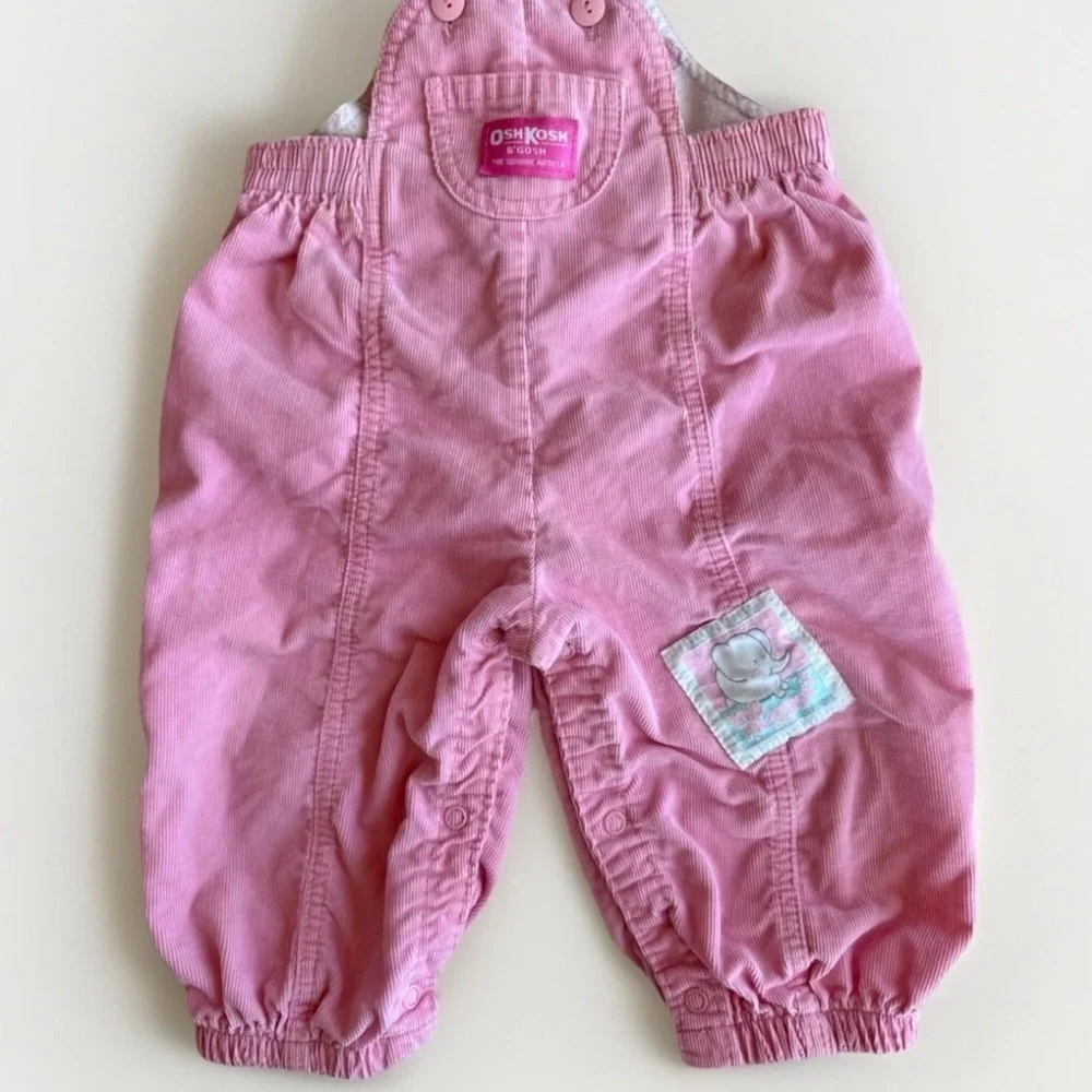Vintage 90s Osh Kosh B'Gosh Girls Pink Overalls Elephant Corduroy USA Size 24 M
